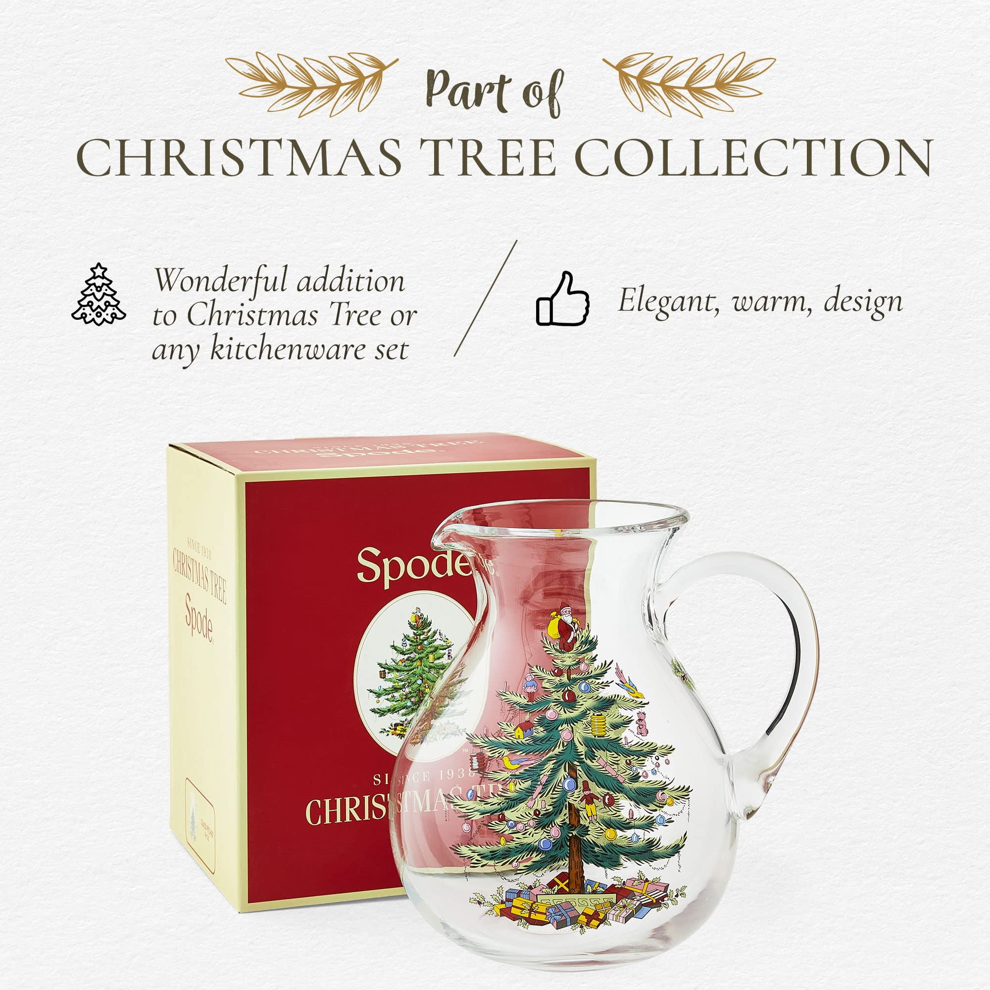 Spode Christmas Tree Glass Pitcher - Festive 96 Oz Large Glass Pitcher for Holidays, Crystal-Clear Beverage Pitcher with Handle for Cocktails, Water, Juice, Lemonade - Dishwasher Safe