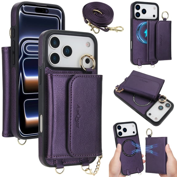 Compatible with Magsafe 2 in 1 Detachable iPhone 17 Pro Max Wallet Case with Crossbody Strap&Card Holder,Women Magnetic PU Leather RFID Blocking Flip Kickstand Credit Slots,Black/Purple/Pink