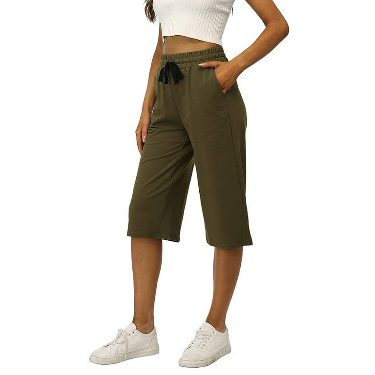 Ovticza Womens Casual Summer Gym Lightweight Crop Pants Petite with Pockets  Drawstring Pull on Capris Low Waist Athletic Capri Pants Army Green XL
