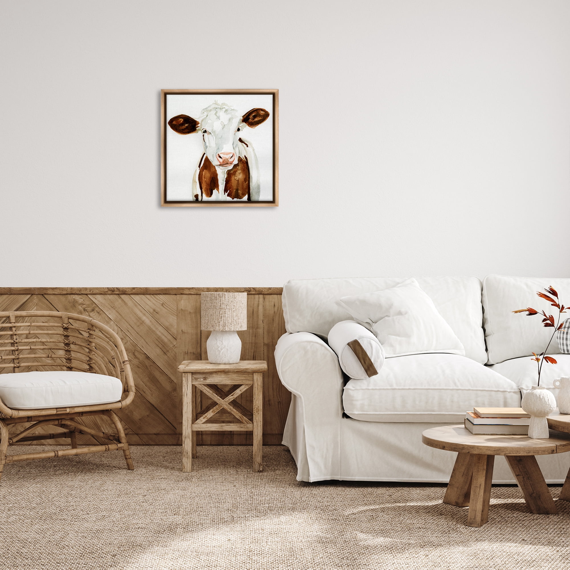 Stupell Industries Farm Cow Neutral Watercolor Animals & Insects Painting Brown Floater Framed Canvas Art Print Wall Art, 25 x 25