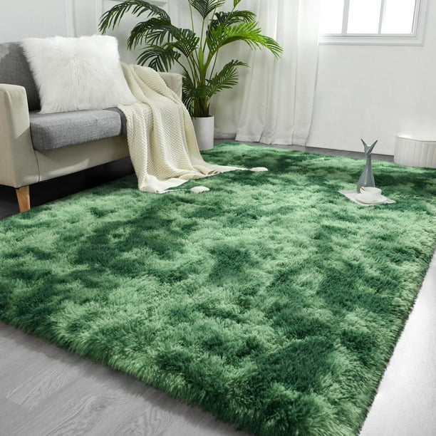 Alfombra FlyDoit, teñida con corbata verde, peluda, 91 x 152 cm, suave