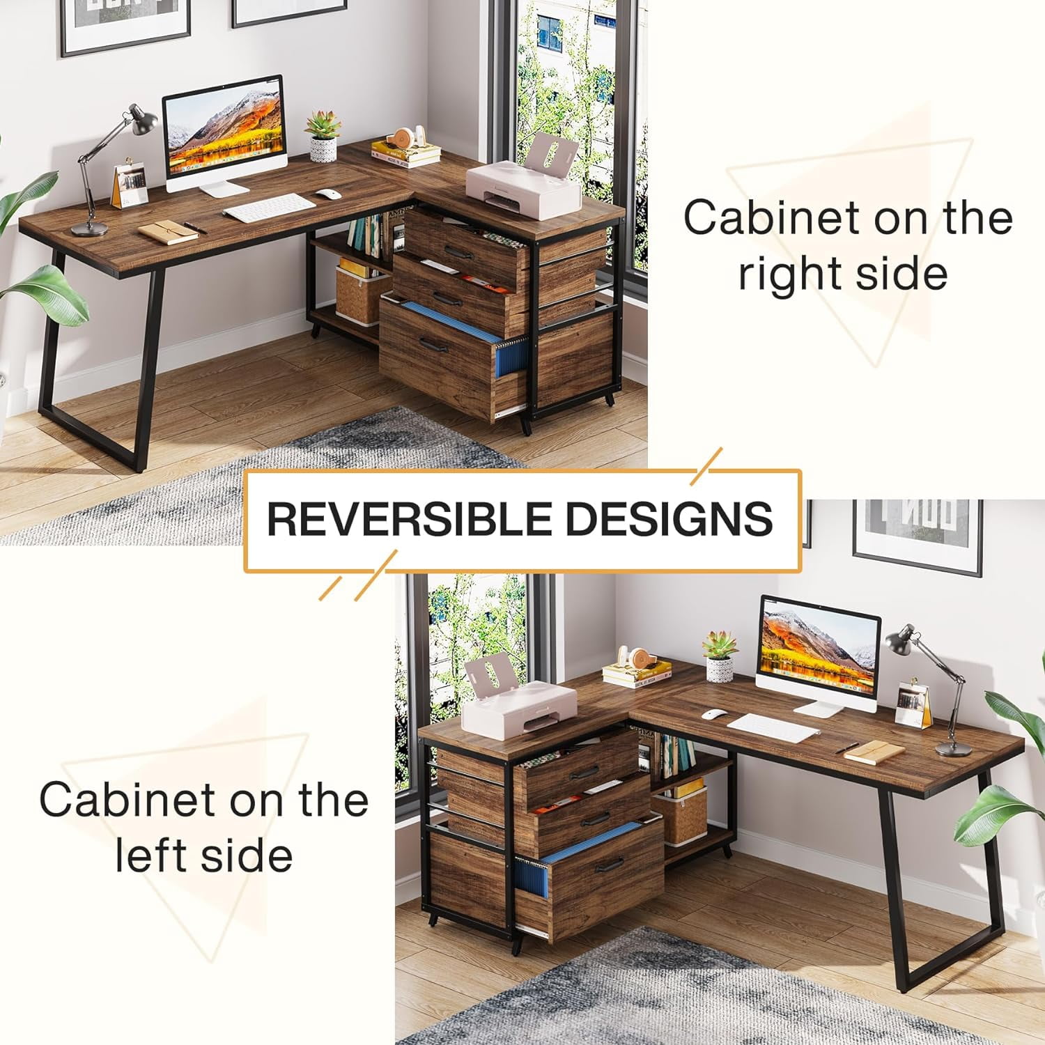 Tribesigns Reversible L-Shaped Computer Desk with 3 Drawers, Corner Desk Home Office Desk with Shelves