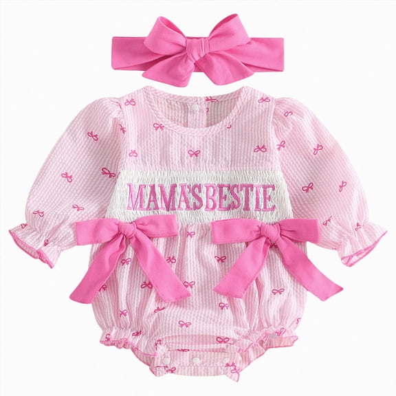 enyan Baby Girl Summer Clothes Newborn Bubble Romper Embroidery Short Sleeve Onesie Mothers Day/Fathers Day Outfit Pink,12-18 Months