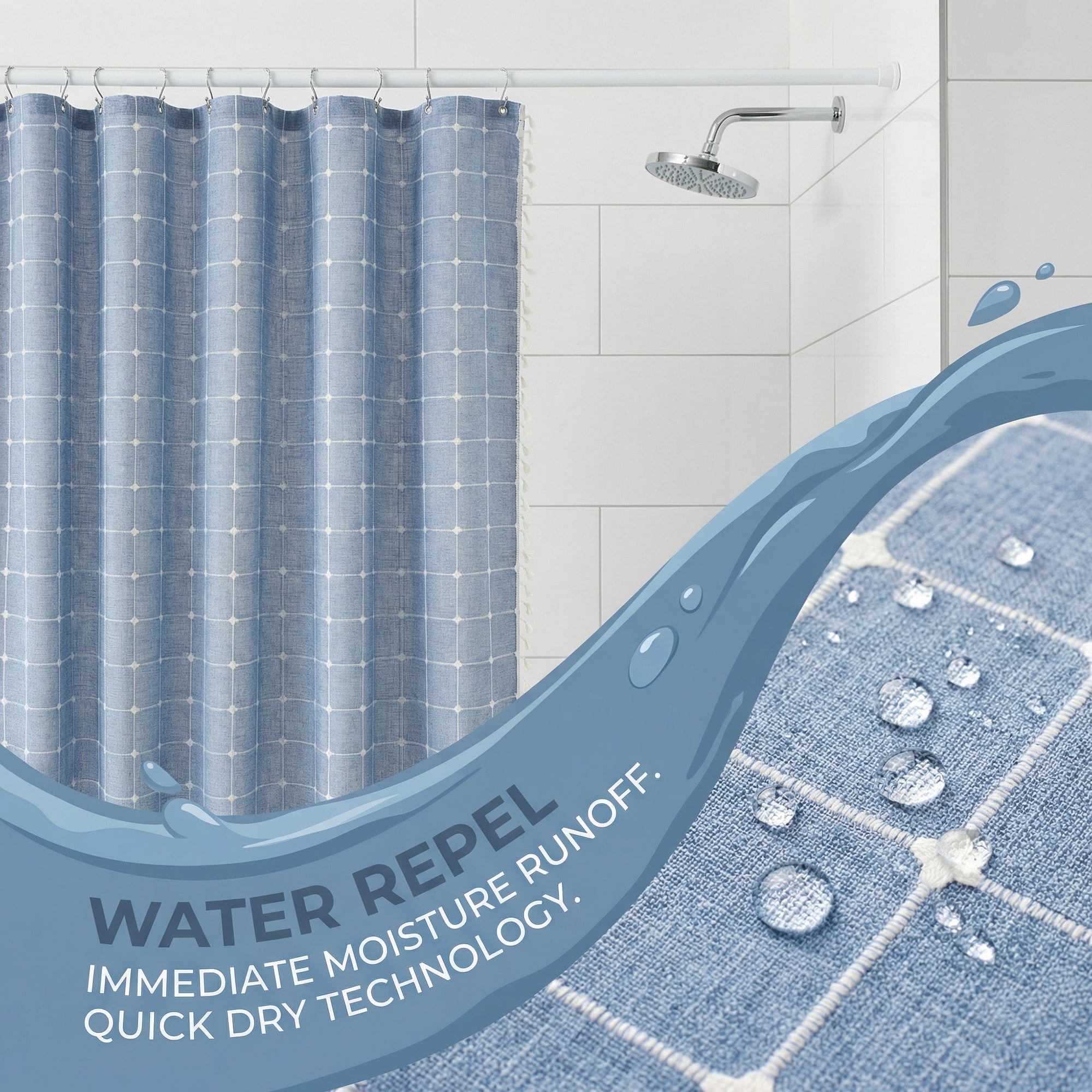 Unique Bargains Boho Plaid Blend Shower Curtain Sets with Hooks Blue 72"W x 72"L
