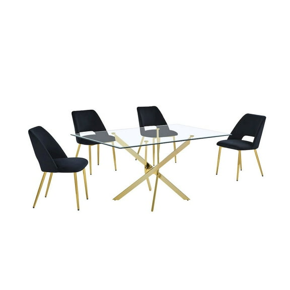 Rectangle 60" x 38" 5pc Clear Glass Dining Set with Black Chairs