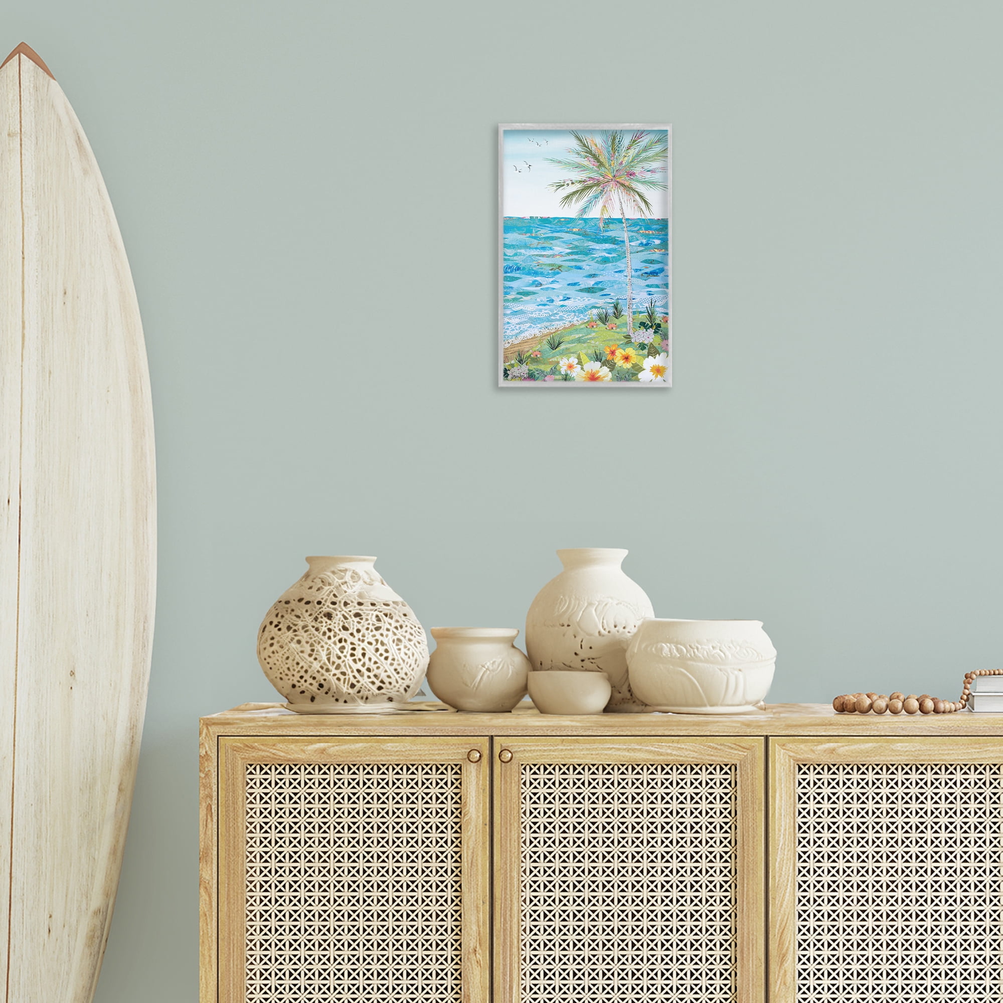 Stupell Industries Collaged Tropical Landscape Landscape Painting Gray Framed Art Print Wall Art, 12 x 18