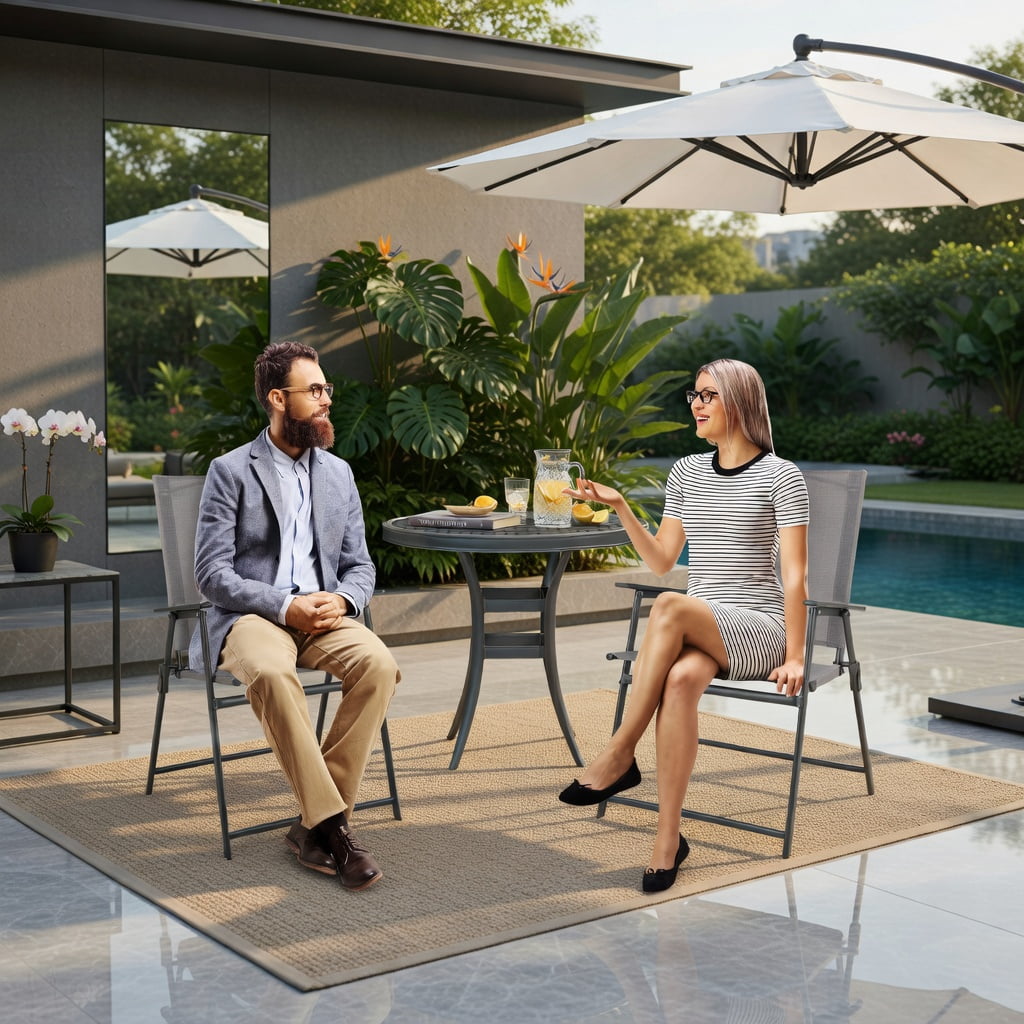 Hommoo 2-Pack Foldable Patio Chairs with Armrests, Heavy-Duty Metal Outdoor Chairs for Deck, Garden, Backyard & Camping, Gray