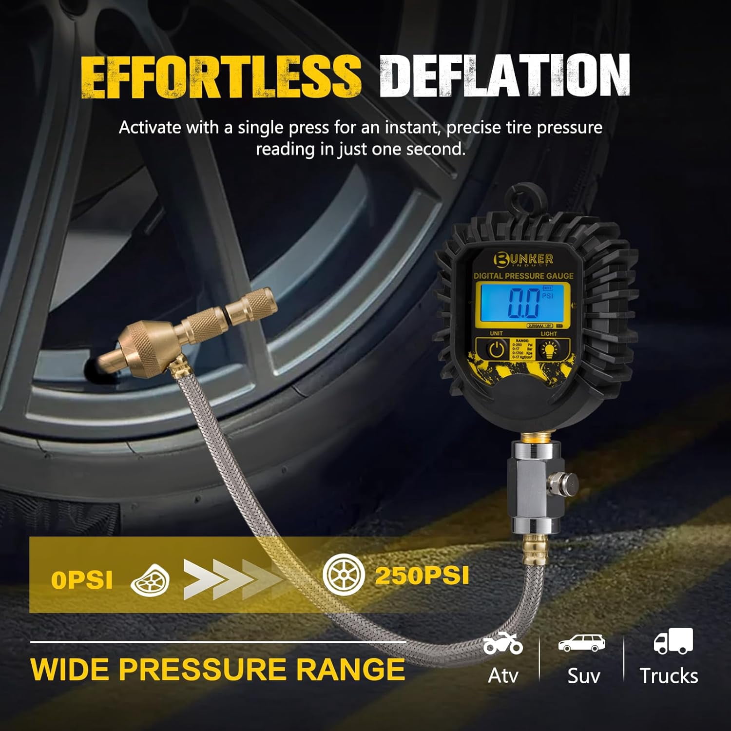 BUNKER INDUST Digital Tire Pressure Gauge, 0-250 PSI Heavy Duty Air Guage for car, Truck, and Off-Road Vehicle- Reliable Accuracy-Backlit LCD Display, Tire Deflator with Built-in Top Light