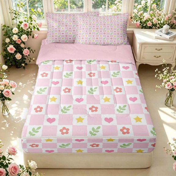 Manfei Modern Checkered Zipper Twin Comforter Sets with Fitted Sheet and 2 Pillowcases,Romantic Flowers Zipper Bedding Set,Pink White,Pink Reversible,4pcs