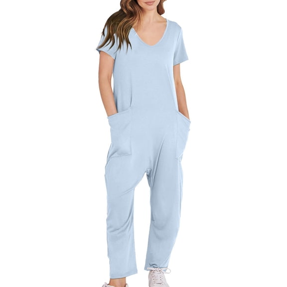 JDEFEG Women's Jumpsuits Womens Overalls Casual Loose Short Sleeve Long Trousers Solid Jumpsuit with 2 Pockets Classic Dressy Jumpsuits for Women Light Blue Size Xxl
