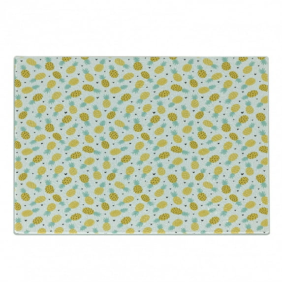 Exotic Cutting Board, Hand Drawn Pineapples and Hearts Doodle Fresh Summer Food Illustration, Decorative Tempered Glass Cutting and Serving Board, Small Size, Yellow Sea Green Black, by Ambesonne