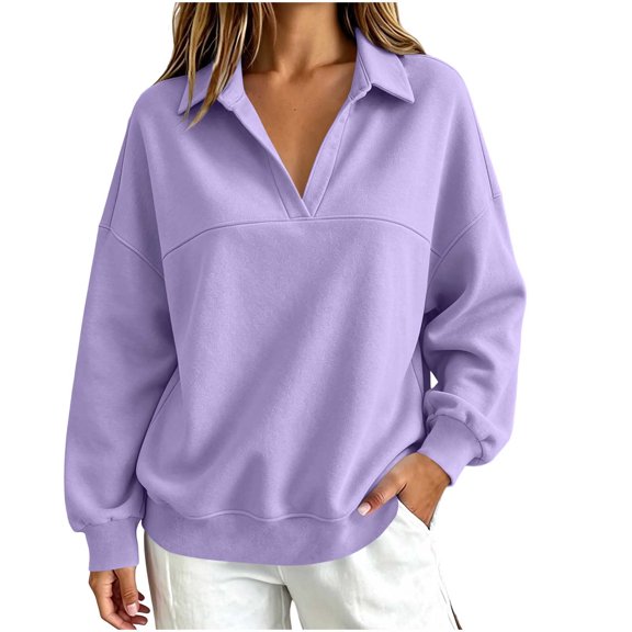 Hurxie Womens Oversized V Neck Fleece Sweatshirt Casual Long Sleeve Sweatshirts Collared Pullover Sweatshirts