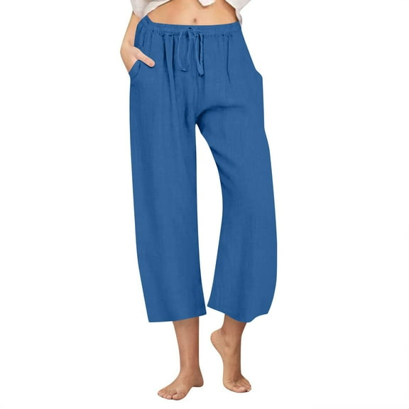 Juslio Capris for Women Elastic Waist Drawstring Wide Leg Capris Loose Linen Capris