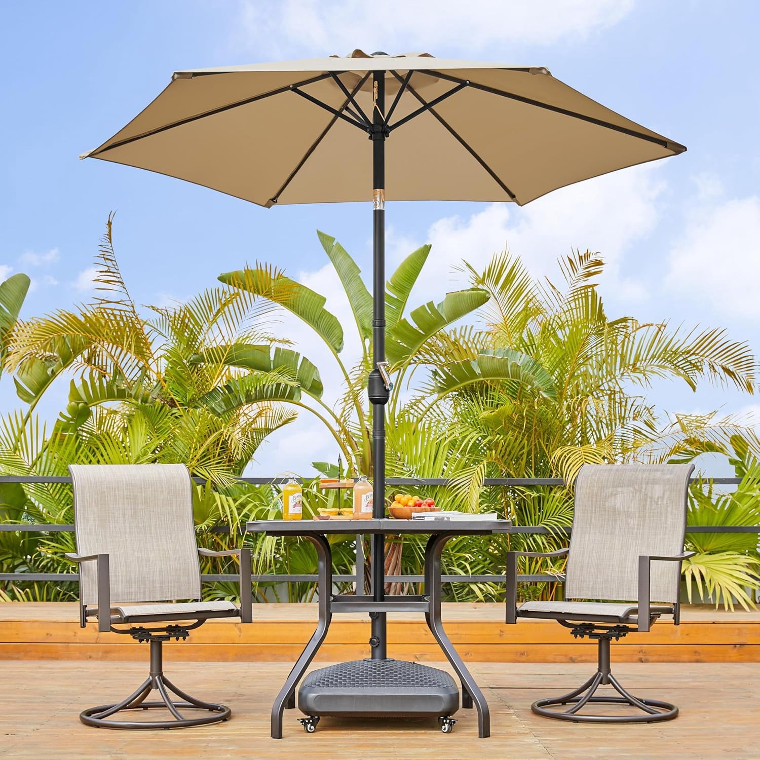 Themis 7.5FT Patio Umbrella Market Umbrella with 6 Ribs Push Button Tilt and Crank Garden Table Umbrella for Garden, Deck, Backyard, Pool, Beach Tan