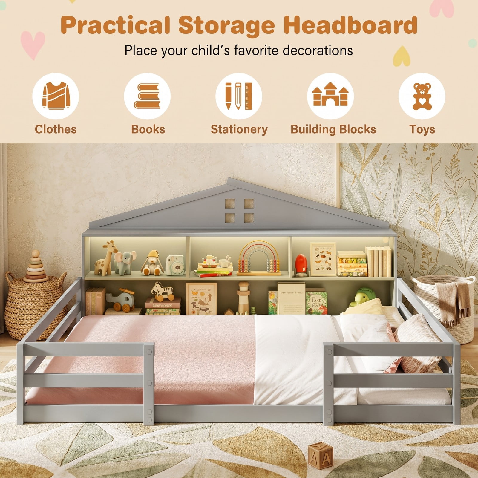 Furnibear Full Size Bed Frame Montessori Floor Bed for Kids, House Bed with Storage Headboard Guardrails and LED Lights, Full Bed Frame, Gray