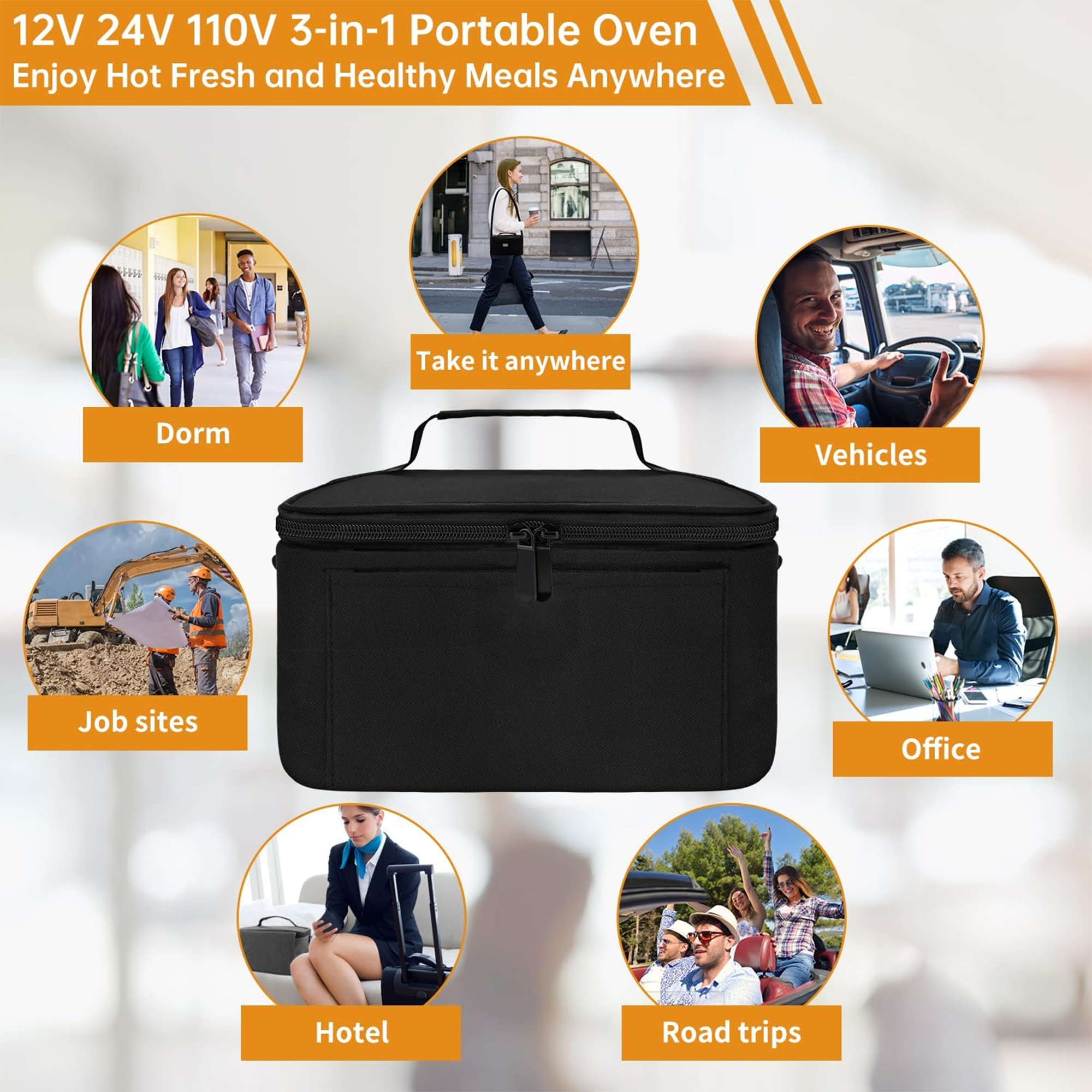 Portable Mini 12V/24V/110V 3-in-1 Car Food Warmer Electric Lunch Box Food Heater