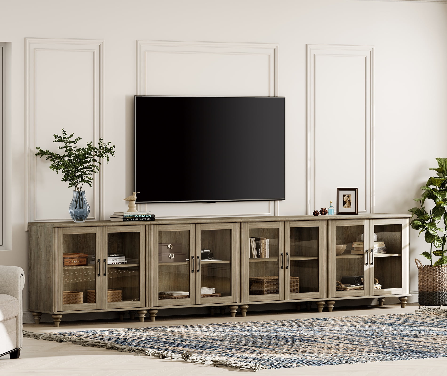 4-in-1 TV Stand, Wood Console Table Storage Cabinet for Living Room, Kitchen Sideboard Buffet Cabinet With Glass Door for Dining Room, Wash Grey