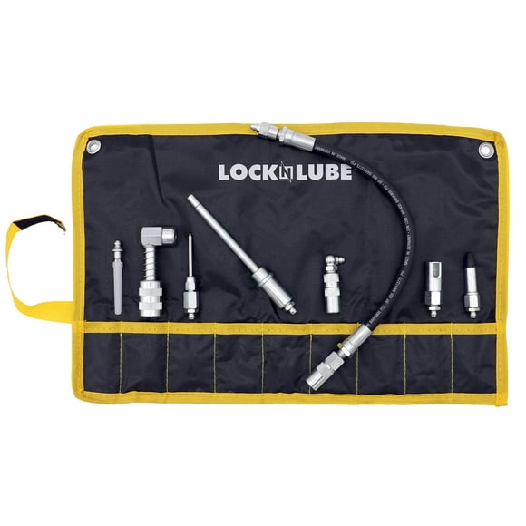 LockNLube 8-Piece Quick Connect Greasing Accessory Kit. Complete grease fitting connection kit. Reach any grease fitting on any machine. The rip-stop case keeps tools clean and portable.