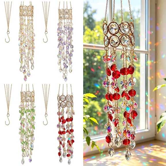 YYDENG Home Decor Crystal Boho Wind Chime with Gold Beads Window Hanging Red