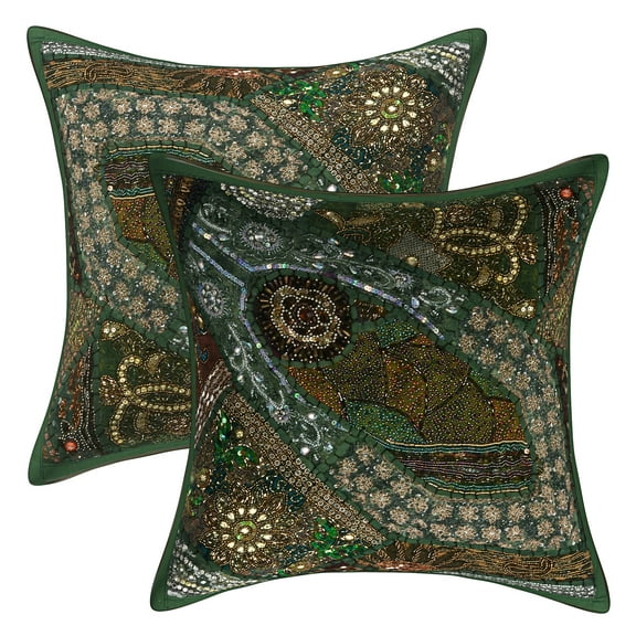 Stylo Culture Ethnic Cotton Decorative Throw Pillow Sham Covers Green 16 x 16 Bohemian Beaded Sequins Patchwork Embroidered Couch Cushion Covers 40x40 cm Living Room Square Pillow Cases | Set Of 2