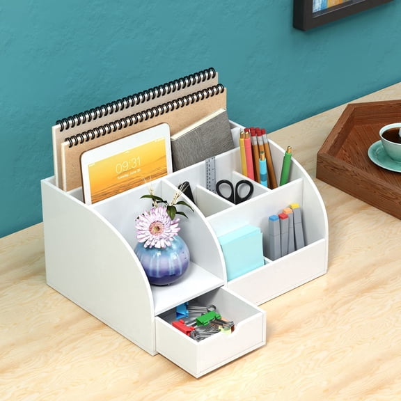 NIUBEE Desktop Organizer Office Accessories , Pen Holder & Storage Rack, Featuring 8 Compartments and 1 Drawer, Ideal for Organizing Pens, Scissors, Memo Pads, and Various Office Supplies.
