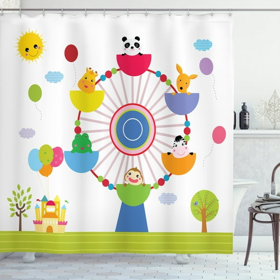 Ferris Wheel Shower Curtain, Nursery Theme Amusement Park with Castle Balloons Animals Riding Ferris Wheel, Fabric Bathroom Set with Hooks, 69W X 84L Inches Extra Long, Multicolor, by Ambesonne