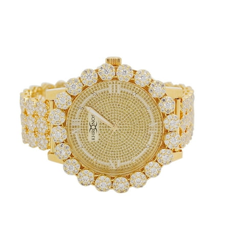 Bug Watch - Mens Gold-Tone Genuine Diamond Flower Big Cluster Bezel Watch with Full Jojino Iced out Metal Band
