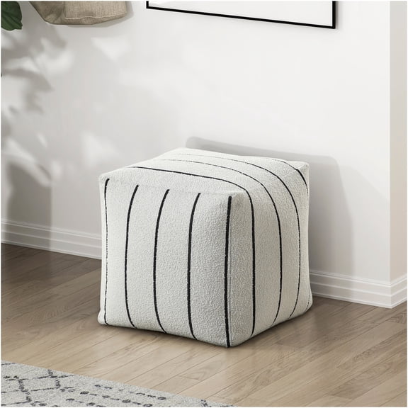 JERFIT Modern Jacquard Ottoman Pouf, Square Footstool with Non-Slip Bottom, Upholstered Bean Bag Chair for Living Room, Off-White and Black