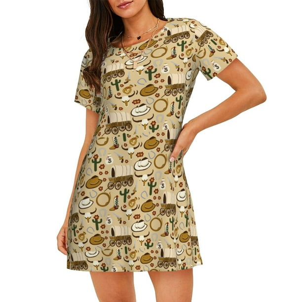 Disketp Wild West Cowboy para Camisón Corto de Manga Corta para Mujeres, Camisón Cómodo con Escote Redondo, Bonito y Confortable