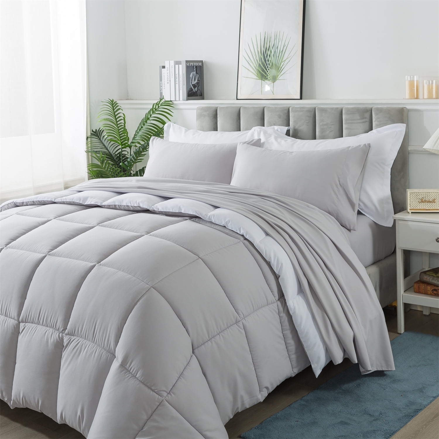 IGI Queen Size 7 Piece Comforter Set | Bed in a Bag for Unisex Adult | White/Light Gray