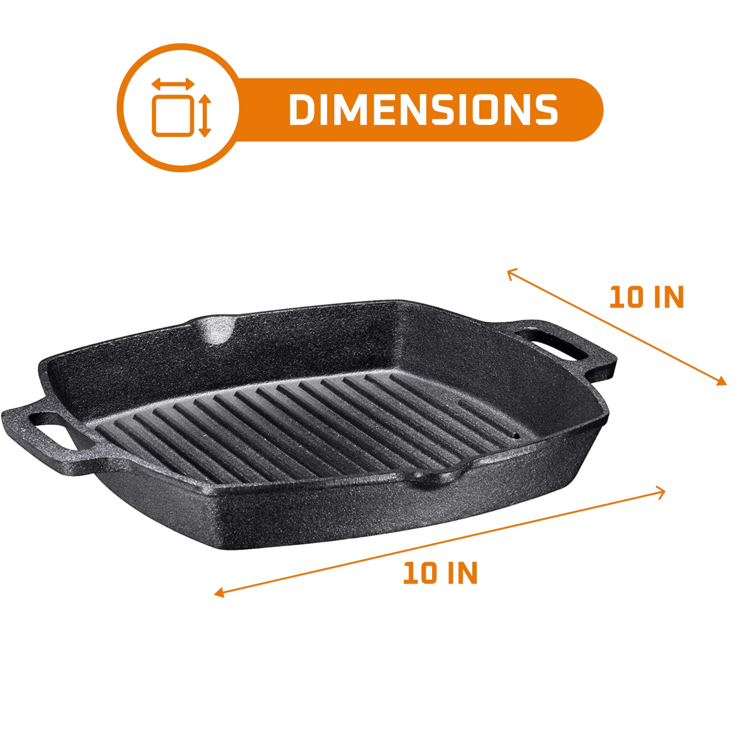 Bruntmor 10 Inch Square Cast Iron Grill Pan Steak Pan Pre Seasoned Grill Pan with Easy Grease Drain Spout, with Large Loop Handles for Grilling Bacon, Steak, and Meats