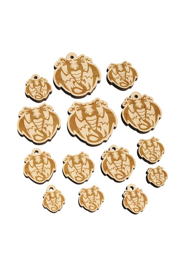 Two Headed Dragon Drake Wyvern Wood Mini Charms Shapes DIY Craft Jewelry - No Hole - 14mm (26pcs)