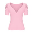 thumbnail image 5 of aidice Summer T Shirts for Women Ribbed V Neck Puff Sleeve Slim Fitted Shirts Casual Comfy Going out Tops, 5 of 7