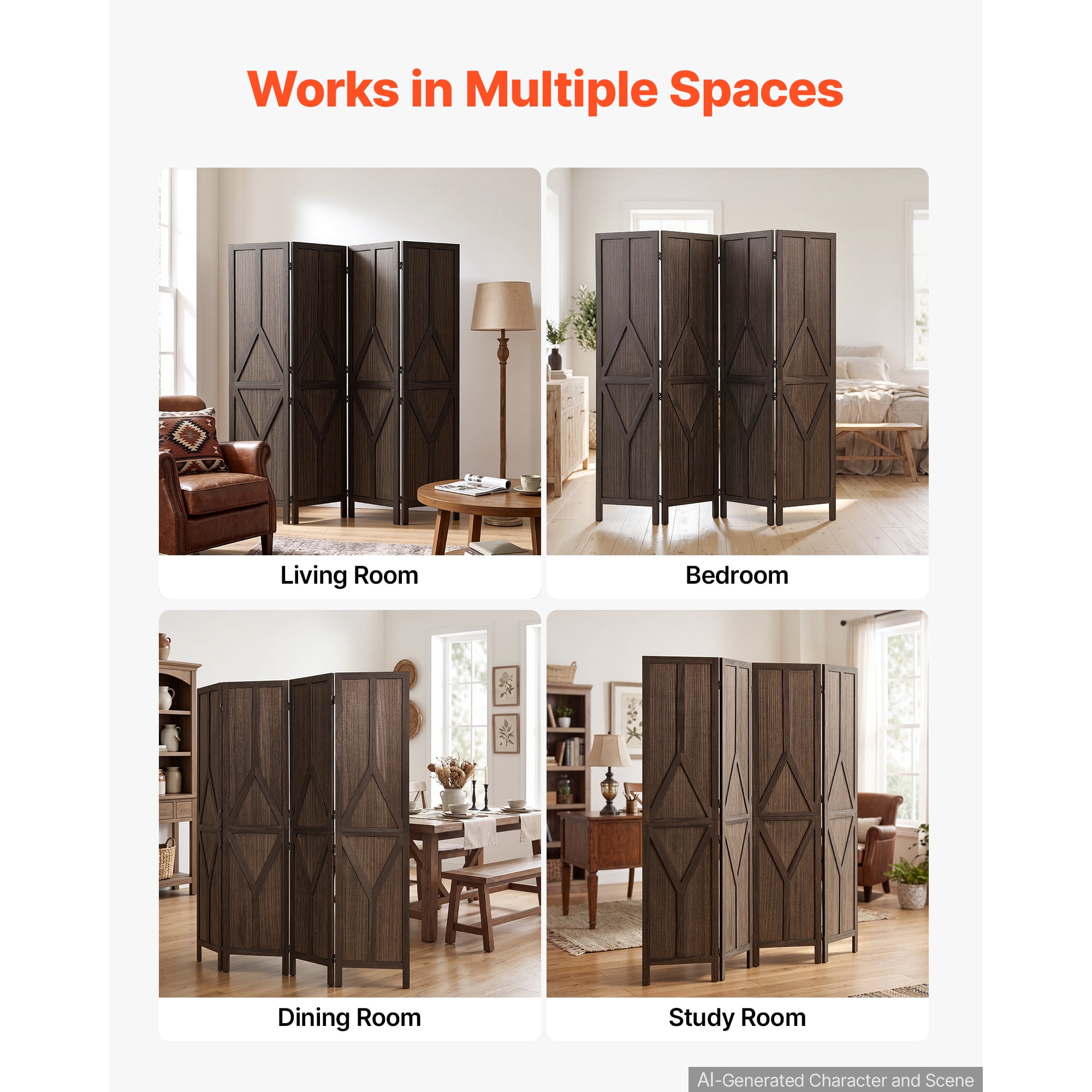 KFFKFF 4-Panel Wooden Room Divider with Y Pattern, Privacy Screen for Home Decor and Space Separation, 67-Inch Height, Sturdy Frame, Two-Way Hinges, Rustic Wooden Partition with Included Hardware