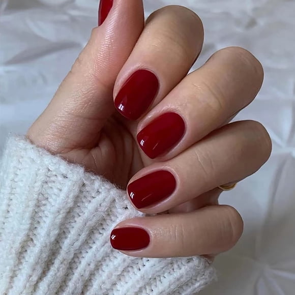 Uñas postizas cortas cuadradas de color rojo oscuro, cubierta completa con uñas postizas extra cortas de color rojo oscuro brillante, uñas acrílicas artificiales con diseños para mujeres y niñas, 24 p