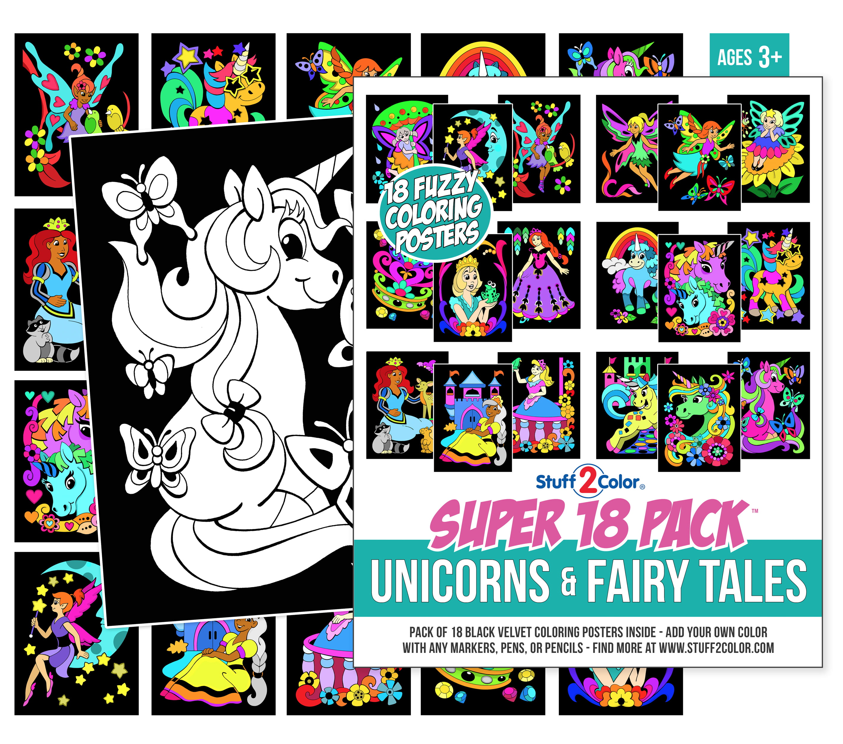 Super 18 Pack of Fuzzy Velvet Coloring Posters (Unicorns & Fairy Tales) -  Stuff2Color 