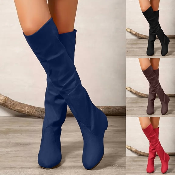 Pandaie Women's Over the Knee Boots Slouchy Faux Suede Low Chunky Heel Tall Booties Stretchy Thigh High Winter Boots Black 6.5
