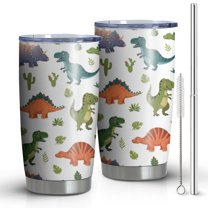 20oz Tumblers Dinosaur and Cactus Pattern Stainless Steel Vacuum Insulated Double Wall Travel Tumbler Cups Mug with Lid and Straw,Cleaning Brush for Cold & Hot Drinks