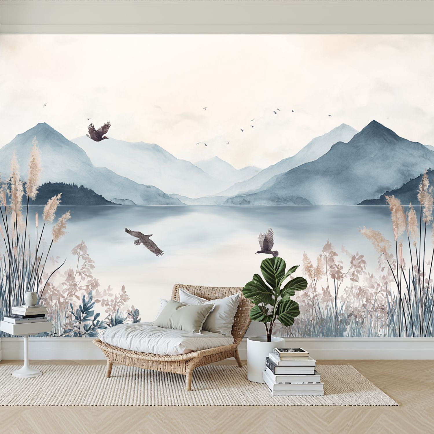 Wallpaper Mountain Peak Lake Wall Mural Tall Reeds Mountains Peel and Stick Wall Murals 100"H x 144"W Removable PVC Wall Paper Self-Adhesive Wall Paintings Art Decor for Bedroom Living Room