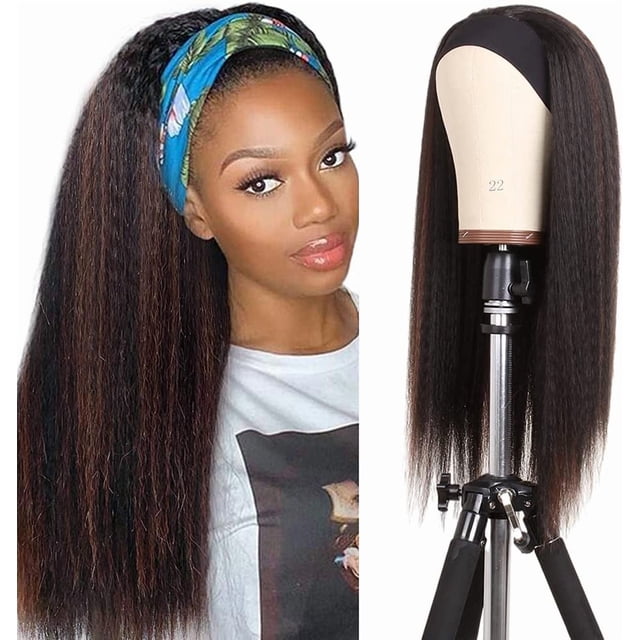 Yanonmyfd 22Inch Yaki Straight Headband Wig for Women Long Black Afro Kinky Straight Wig Headband Synthetic Wigs Glueless Synthetic Wigs None Lace Front Headbands Wigs with Headband Attached