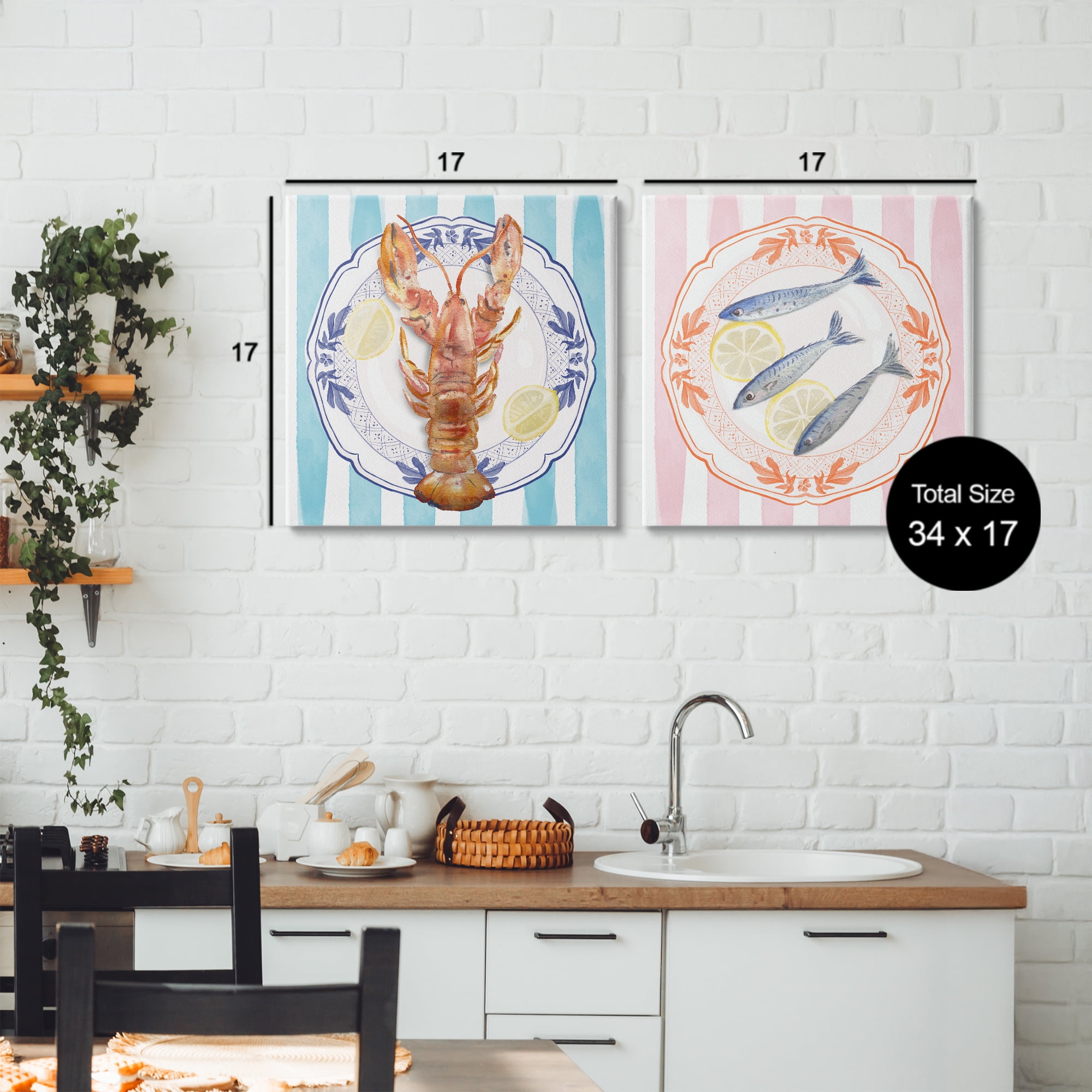 Stupell Industries Lobster & Sardines Plates 2 Piece Canvas Wall Art Set, design by Christie Adams