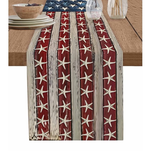 Coastal American Flag Table Runner Cotton Linen 36 Inch Holiday Dresser Scarves, Starfish Vintage USA Flag Tablerunner for Kitchen Coffee Dining Bedroom Home Living Room Dinner Scarf Décor 13''x36''