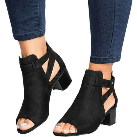 

Women Peep Open Toe Boot Cut Out Buckle Ankle Bootie Stacked Block Chunky Low Heel Sandal Causal Party Dress Shoe