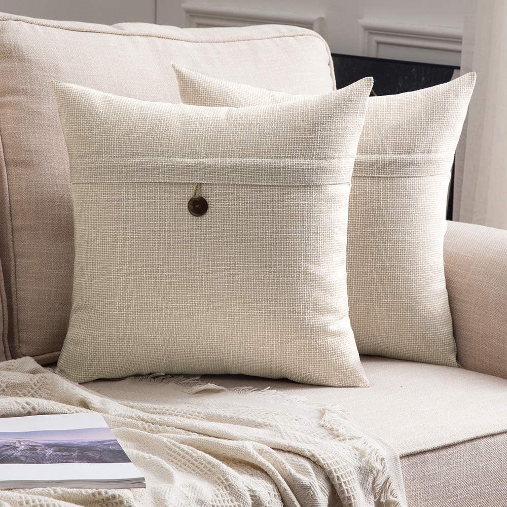 MIULEE Decorative Linen Throw Pillow Covers Triple Button Square Pillowcases Bundle 18 x 18 Inch Beige 