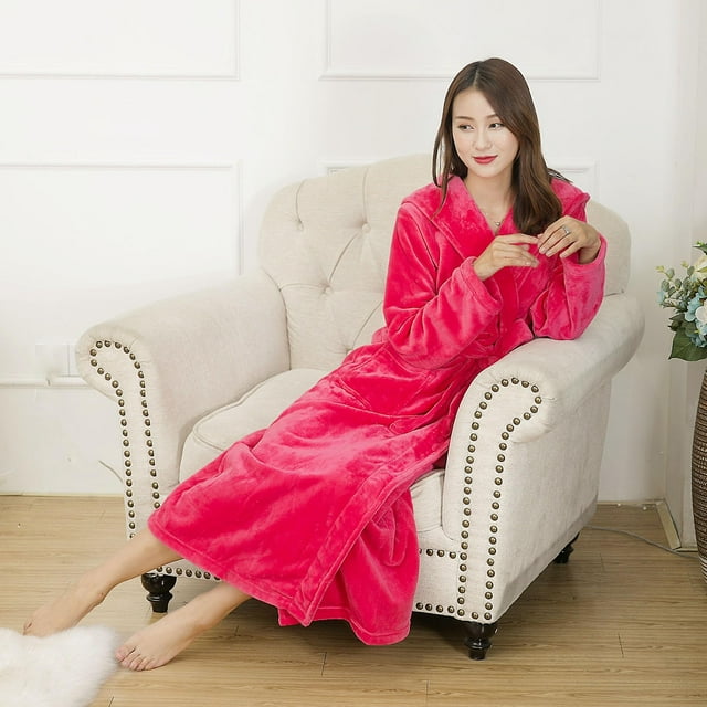 Women Fleece Hooded Bathrobe,plush Long Robe