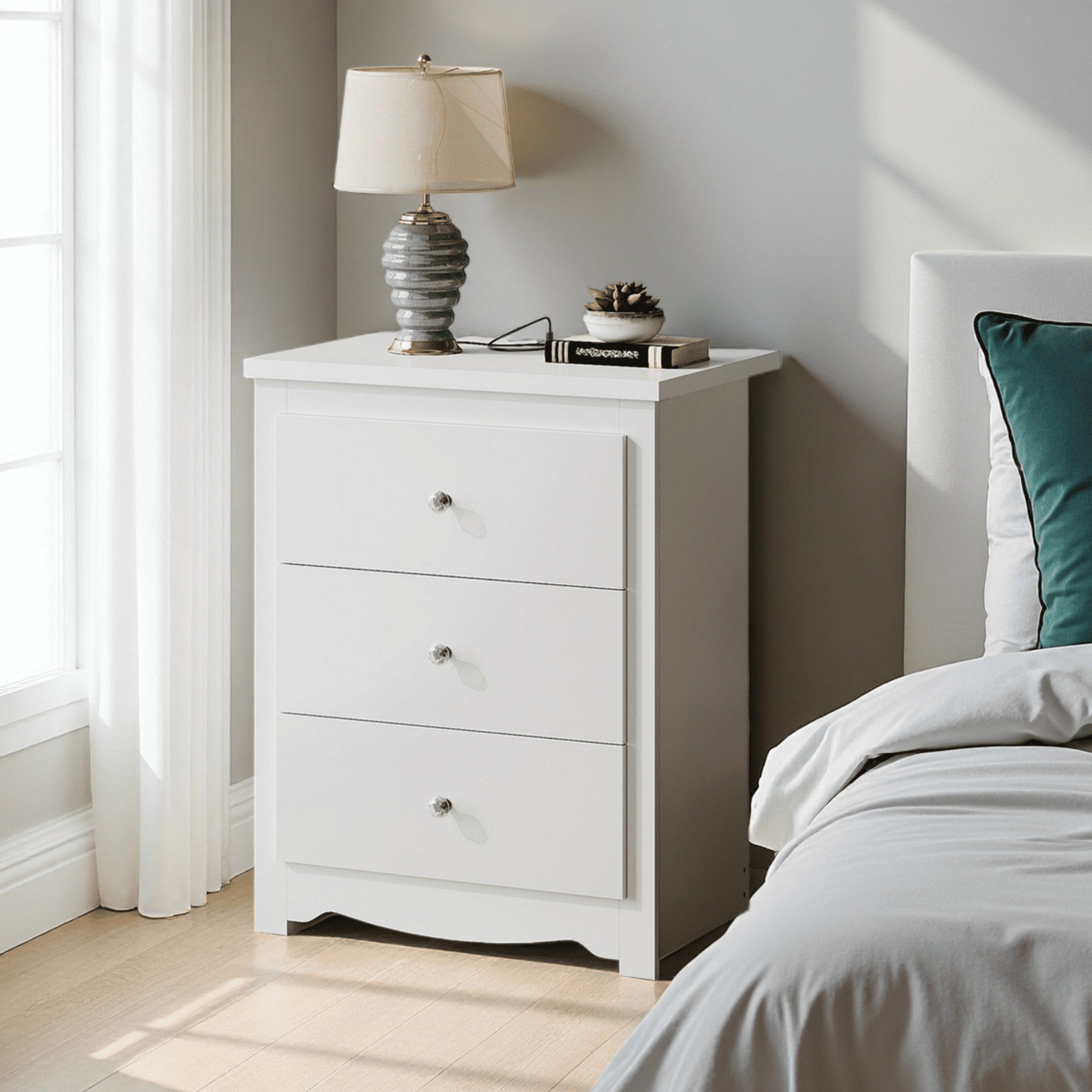 GALAXHERO Tall White Nightstand with Charging Station and 3 Drawers, Wood Bedside End Table with 2 USB Ports & 2 AC Outlets for Bedroom Living Room Dorm