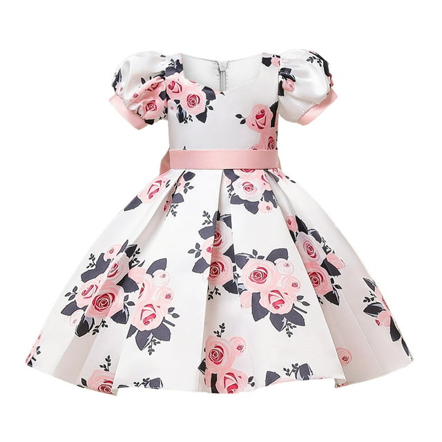 aDJFDGT Robes pour Ados Longue Robe Fluide de Fête Enfants Filles Robe à Manches Longues Imprimés de Fleurs Nœud