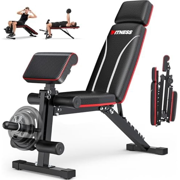 Foldable Workout Bench Press, Adjustable Weight Bench for Home Gym, 800LB Multi Functional Gym Bench w/Leg Extension &Preacher Pad, Extra Headrest, Fast Folding Strength Training Incline Sit up Bench