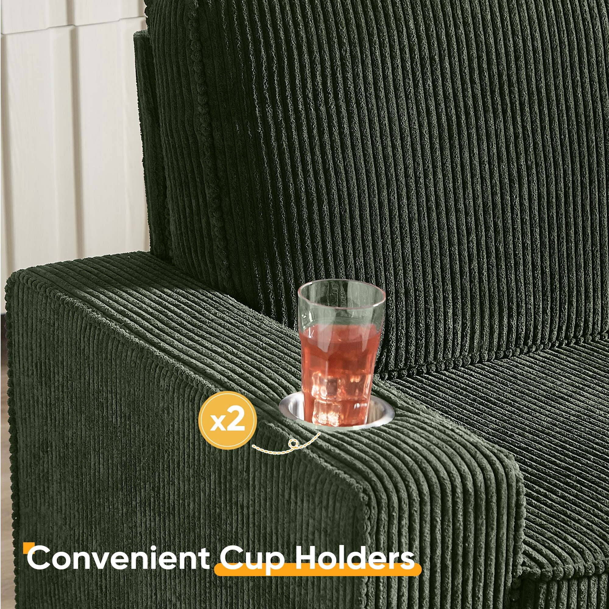 Lunale 83" Corduroy Sofa with Cup Holders, Modern 3-Seater Couch for Living Room, Apt., Green