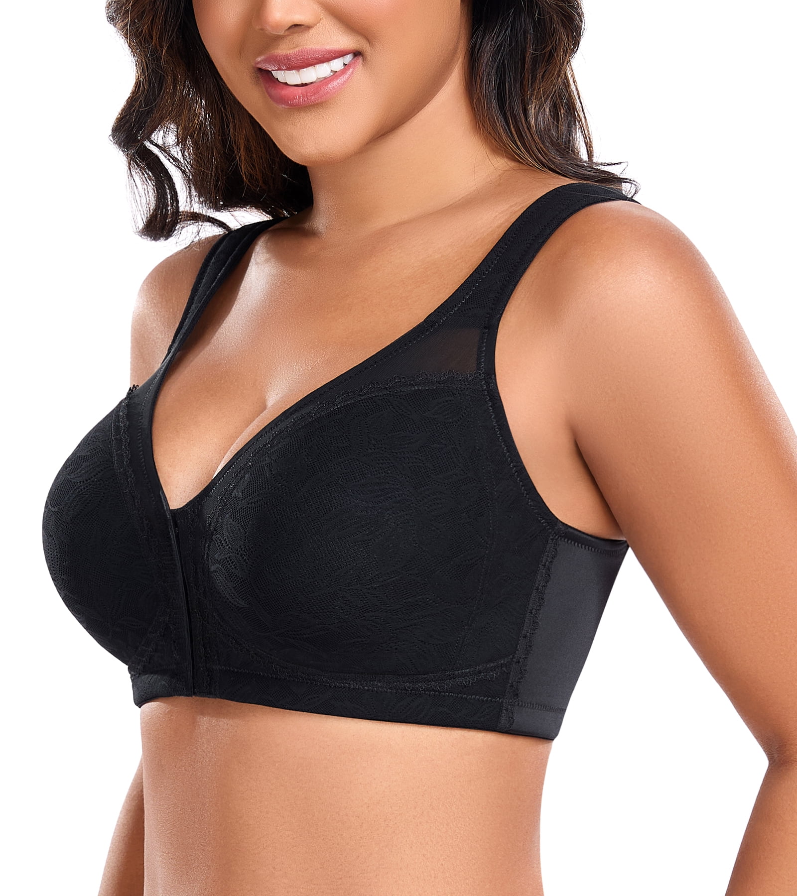 Exerin Women's Plus Size Front Closure Minimizer Bras Wireless Non Padded Comfort Back Support Bra(38DDD,Black)